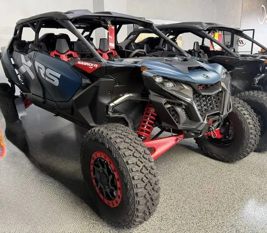 2026 Can-Am® Maverick R Max X RS With Smart-Shox Dusty Navy — front three-quarter view