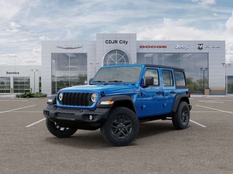 2026 Jeep Wrangler WRANGLER 4-DOOR SPORT S in Hydro Blue Pearl-Coat Exterior Paint — front three-quarter view