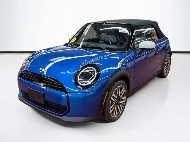 2026 MINI CONVERTIBLE SIGNATURE PLUS in Icy Sunshine Blue Metallic — front three-quarter view