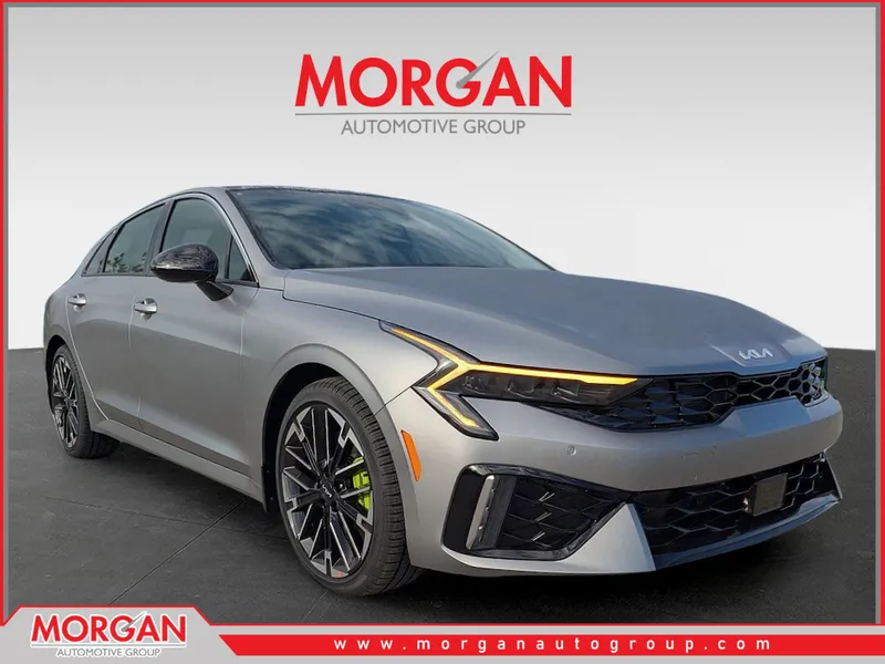 2026 Kia K5 GT in Steel Matte Gray — front three-quarter view