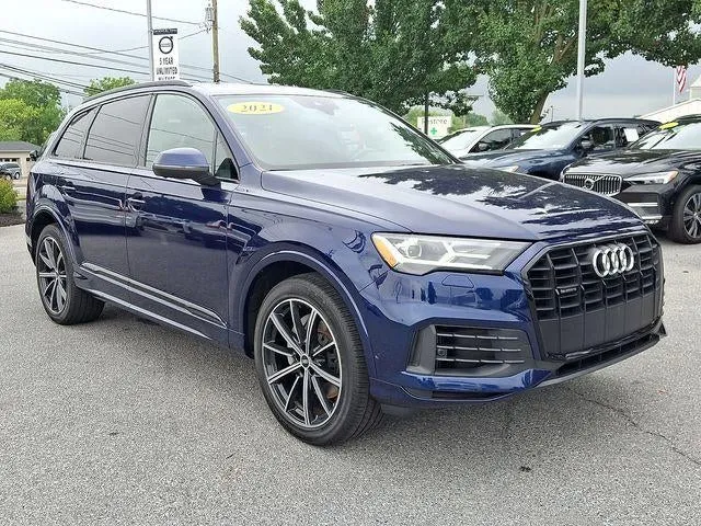 2021 Audi Q7 Premium Plus 55 TFSI quattro in Blue Metallic — front three-quarter view