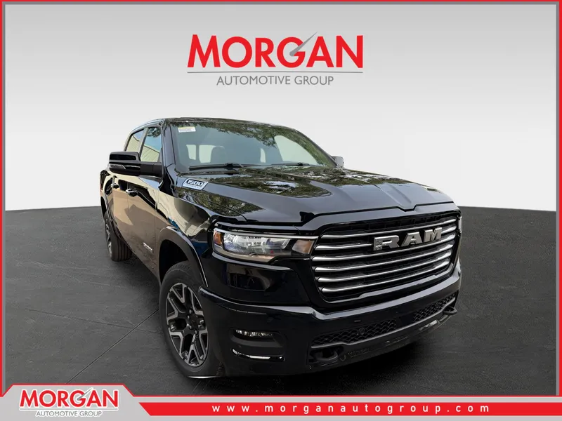 2026 Ram 1500 Laramie in Diamond Black Crystal Pearlcoat — front three-quarter view