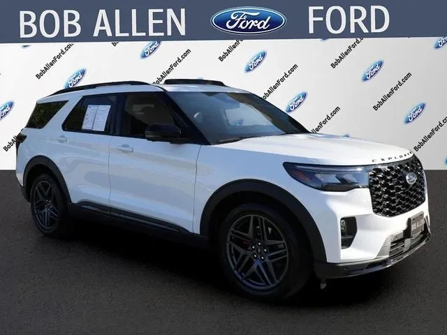 2025 Ford Explorer ST in Star White Metallic Tri-Coat — front three-quarter view