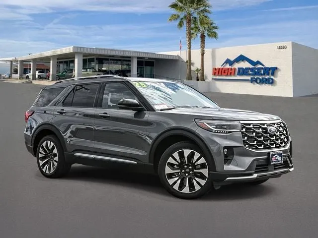 2025 Ford Explorer Platinum in Gray Metallic — front three-quarter view