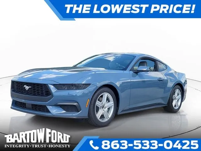 2026 Ford Mustang EcoBoost Premium in Vapor Blue — front three-quarter view