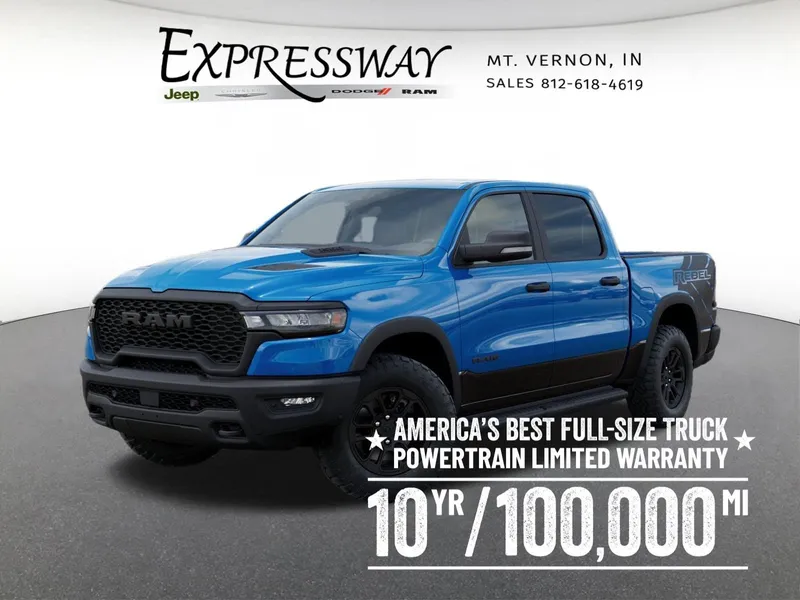 2026 RAM 1500 Rebel 4x4 Crew Cab 5'7 Box in Hydro Blue Pearl-Coat Exterior Paint — front three-quarter view