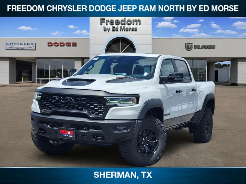 2026 RAM Ram 1500 RAM 1500 RHO CREW CAB 4X4 5'7' BOX in Bright White Clear-Coat Exterior Paint — front three-quarter view