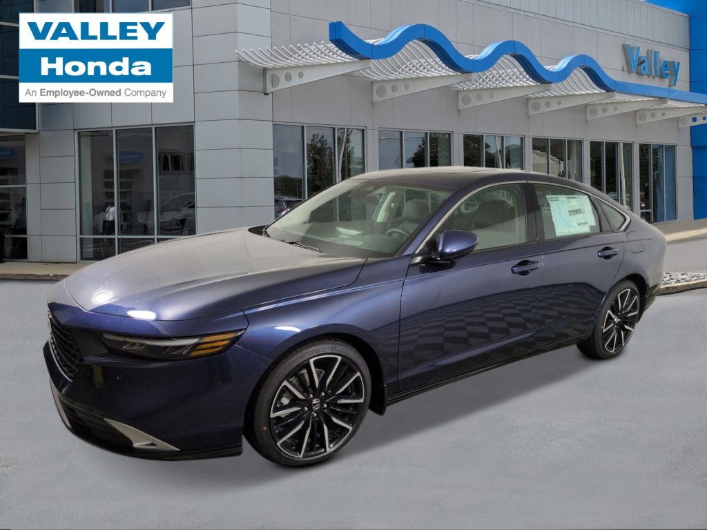 2026 Honda Accord Hybrid Touring in Canyon River Blue Metallic — front three-quarter view