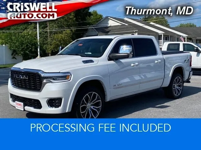 2025 RAM 1500 Tungsten Crew Cab 4x4 5'7' Box in Ivory White Tri-Coat Pearlcoat — front three-quarter view