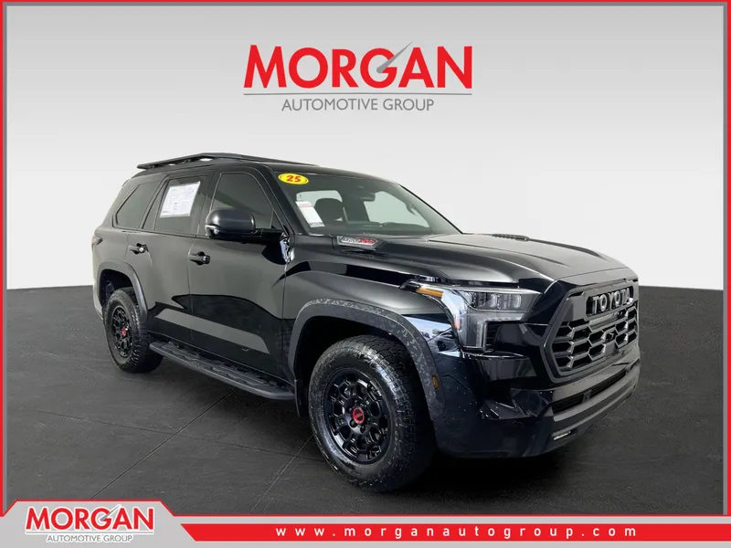 2025 Toyota Sequoia TRD Pro in Midnight Black Metallic — front three-quarter view