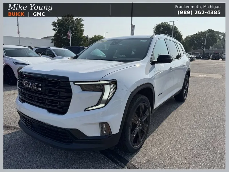 2026 GMC Acadia Elevation in Summit White — front three-quarter view