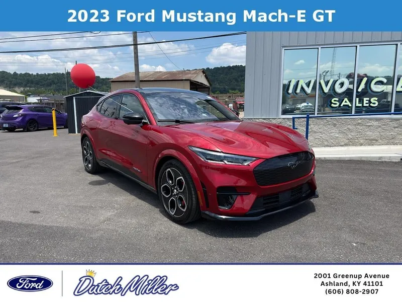 2023 Ford Mustang Mach-E GT in Rapid Red Metallic Tinted Clearcoat — front three-quarter view