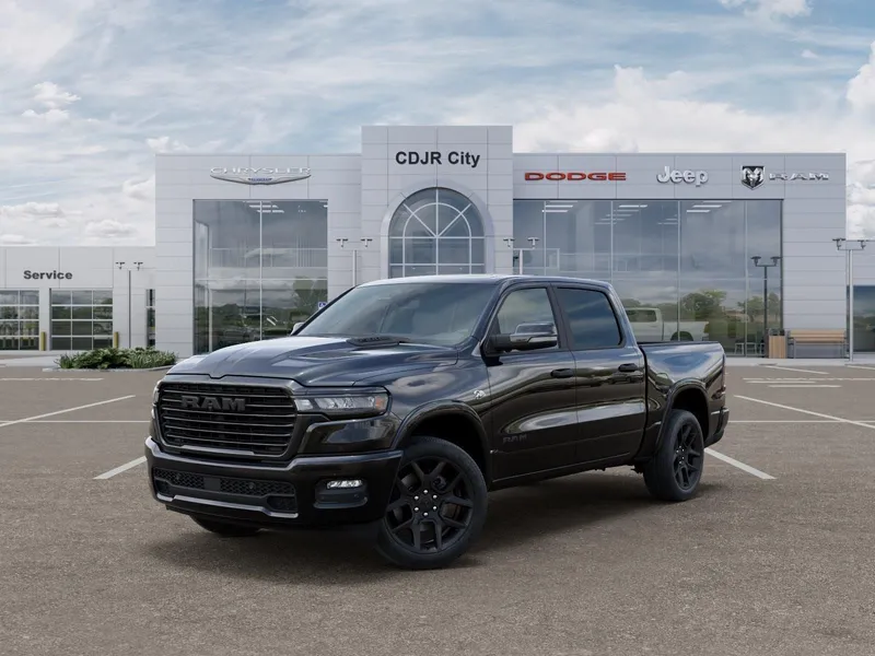 2026 RAM Ram 1500 RAM 1500 LARAMIE CREW CAB 4X4 5'7' BOX in Diamond Black Crystal Pearl-Coat Exterior Paint — front three-quarter view