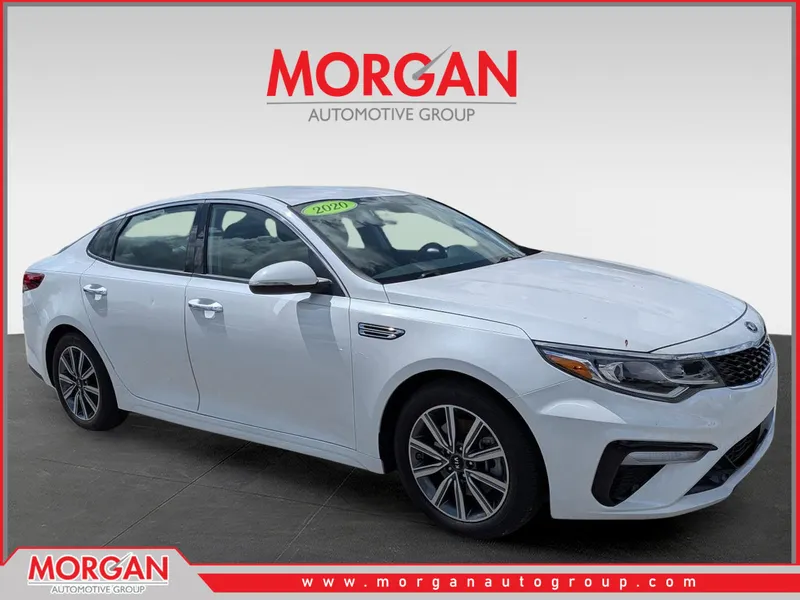 2020 Kia Optima EX in Snow White Pearl — front three-quarter view