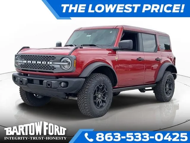 2026 Ford Bronco Badlands in Ruby Red Metallic — front three-quarter view