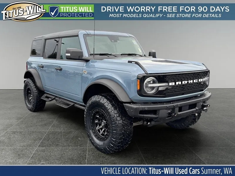 2024 Ford Bronco Wildtrak in Azure Gray Metallic — front three-quarter view