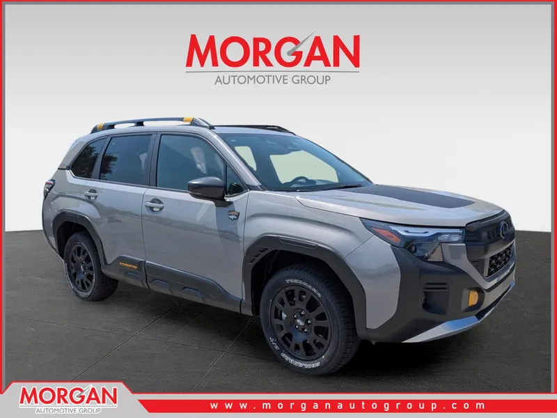 2026 Subaru Forester Wilderness in River Rock Pearl — front three-quarter view
