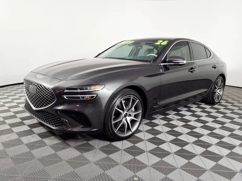 2026 Genesis G70 2.5T Prestige in Makalu Gray — front three-quarter view