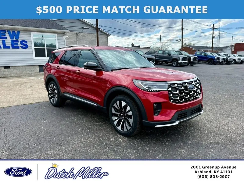 2026 Ford Explorer Platinum in Rapid Red Metallic Tinted Clearcoat — front three-quarter view