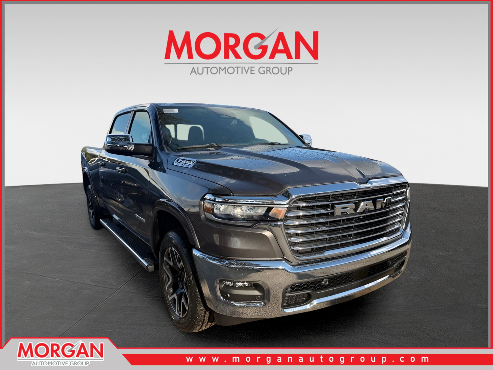 2026 Ram 1500 Laramie in Granite Crystal Metallic Clearcoat — front three-quarter view