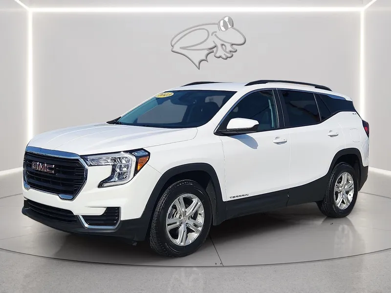 2023 GMC Terrain SLE in Summit White — front three-quarter view