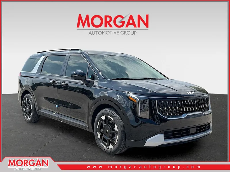 2026 Kia Carnival EX in Aurora Black Pearl — front three-quarter view