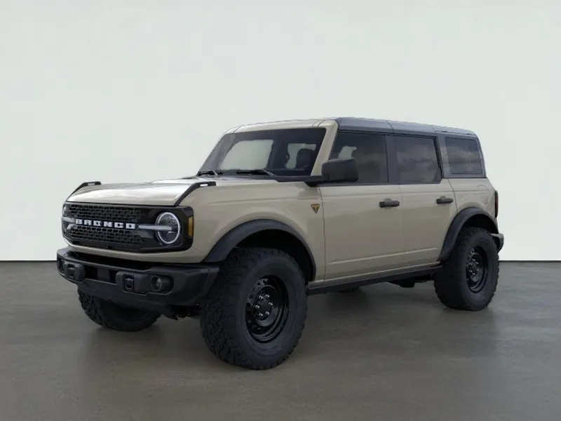 2026 Ford Bronco Badlands in Desert Sand — front three-quarter view