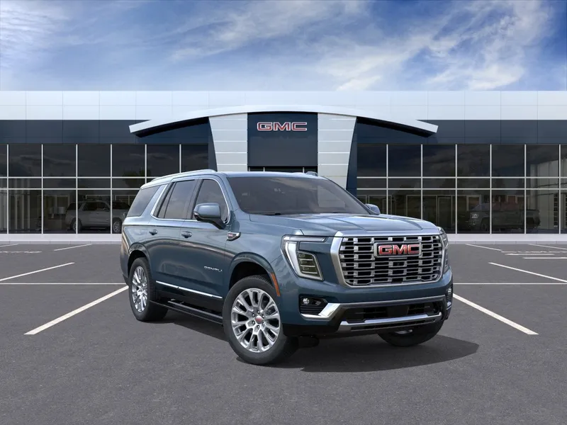 2026 GMC Yukon Denali in Downpour Metallic — front three-quarter view