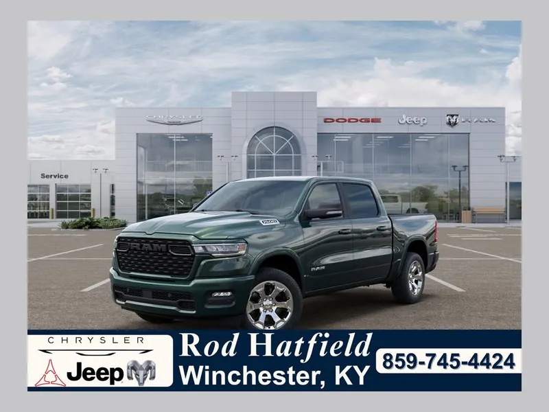 2026 RAM Ram 1500 RAM 1500 BIG HORN CREW CAB 4X4 5'7' BOX in Serrano-Green Metallic Exterior Paint — front three-quarter view