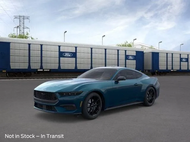 2026 Ford Mustang EcoBoost in Adriatic Blue Metallic — front three-quarter view