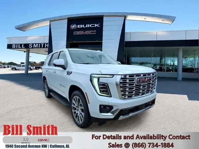 2026 GMC Yukon Denali in Glacier White Tricoat — front three-quarter view