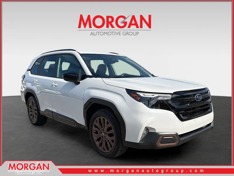 2026 Subaru Forester Sport in Crystal White Pearl — front three-quarter view