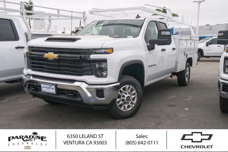 2026 Chevrolet Silverado 2500 HD Double Cab Long Box 2-Wheel Drive Work Truck in Summit White — front three-quarter view