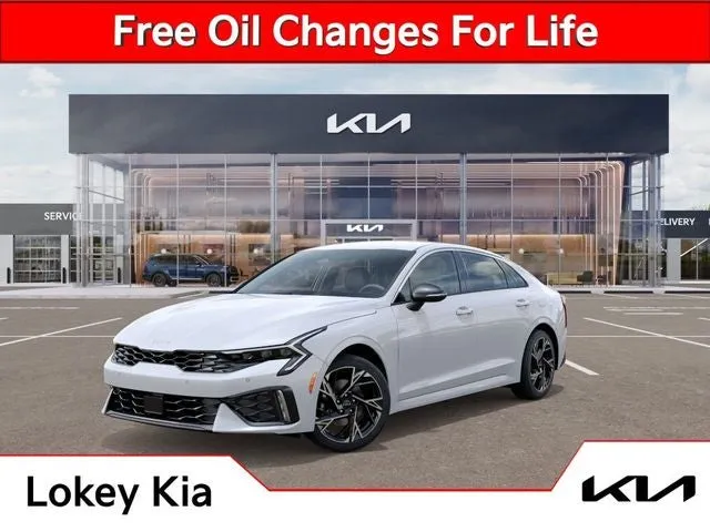 2026 Kia K5 GT-Line in Snow White Pearl — front three-quarter view