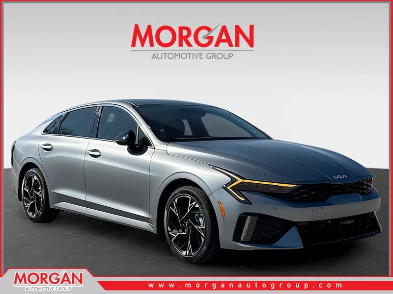 2026 Kia K5 GT-Line in Steel Matte Gray — front three-quarter view