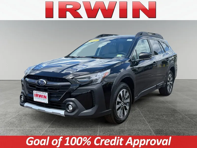 2025 Subaru Outback Limited in Crystal Black Silica — front three-quarter view