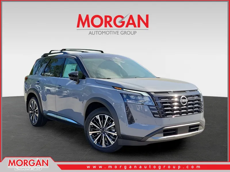 2026 Nissan Pathfinder Platinum in Gray — front three-quarter view