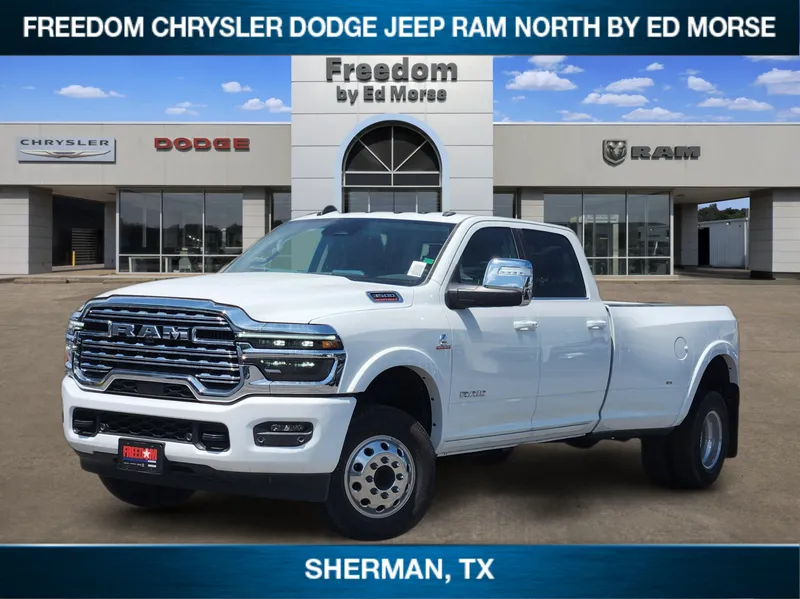 2026 RAM Ram 3500 RAM 3500 LIMITED LONGHORN CREW CAB 4X4 8' BOX in Bright White Clear-Coat Exterior Paint — front three-quarter view