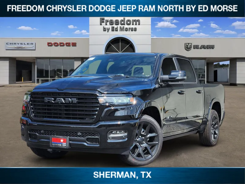 2026 RAM Ram 1500 RAM 1500 LARAMIE CREW CAB 4X4 5'7' BOX in Diamond Black Crystal Pearl-Coat Exterior Paint — front three-quarter view