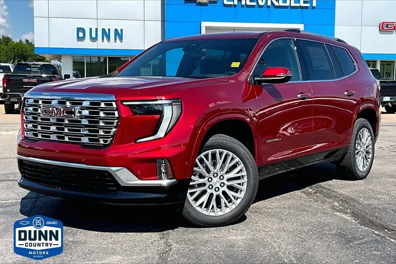 2026 GMC Acadia Denali in Volcanic Red Tintcoat — front three-quarter view
