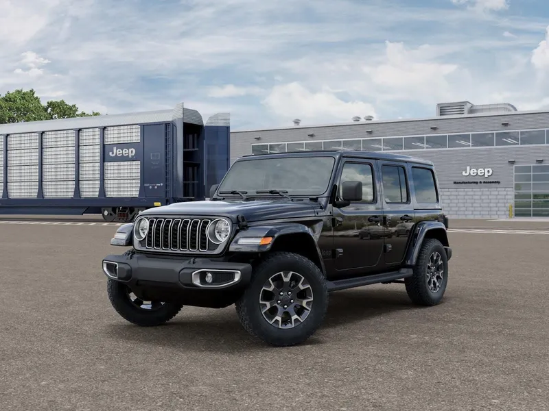 2026 Jeep Wrangler Sahara in Black Clearcoat — front three-quarter view