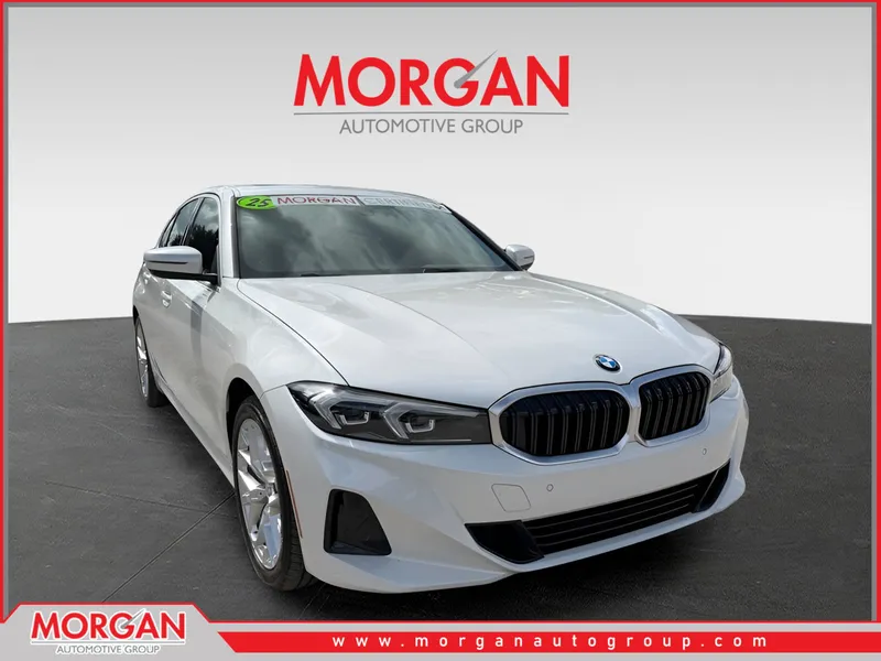 2025 BMW 3 Series 330i in Mineral White Metallic — front three-quarter view