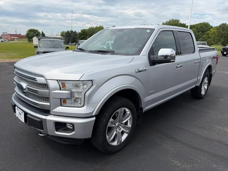 2015 Ford F-150 SUPERCREW PLATINUM in Ingot Silver Metallic — front three-quarter view