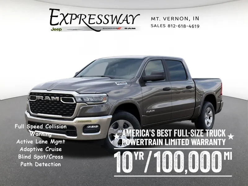 2026 RAM 1500 Big Horn 4x4 Crew Cab 5'7 Box in Granite Crystal Metallic Clear-Coat Exterior Paint — front three-quarter view