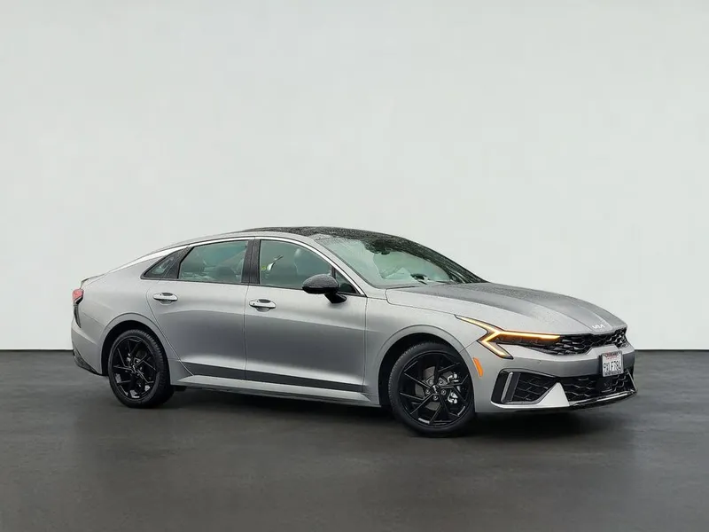 2026 Kia K5 GT-LINE in Steel Matte Gray — front three-quarter view