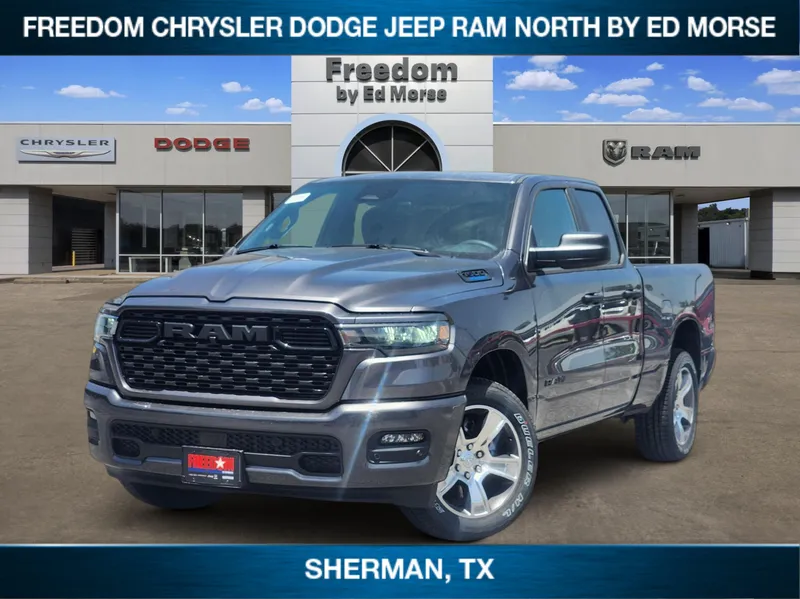 2026 RAM Ram 1500 RAM 1500 EXPRESS QUAD CAB 4X4 6'4' BOX in Granite Crystal Metallic Clear-Coat Exterior Paint — front three-quarter view