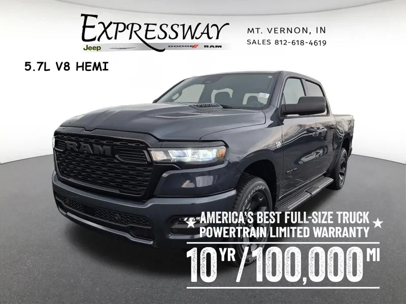 2026 RAM 1500 Express 4x4 Crew Cab 5'7 Box in Forged Blue Metallic Exterior Paint — front three-quarter view