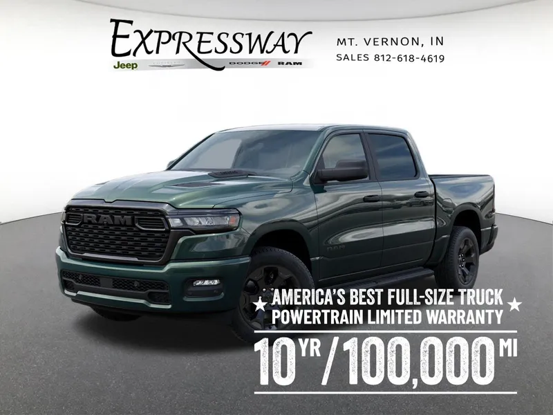 2026 RAM 1500 Express 4x4 Crew Cab 5'7 Box in Serrano-Green Metallic Exterior Paint — front three-quarter view
