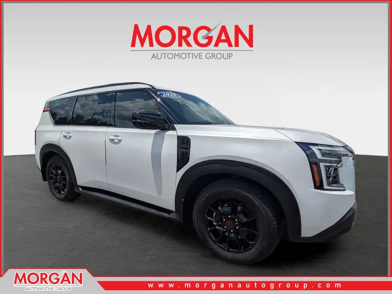 2025 Nissan Armada PRO-4X in Aspen White Tricoat — front three-quarter view