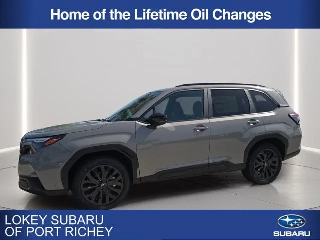 2026 Subaru Forester Sport in River Rock Pearl — front three-quarter view
